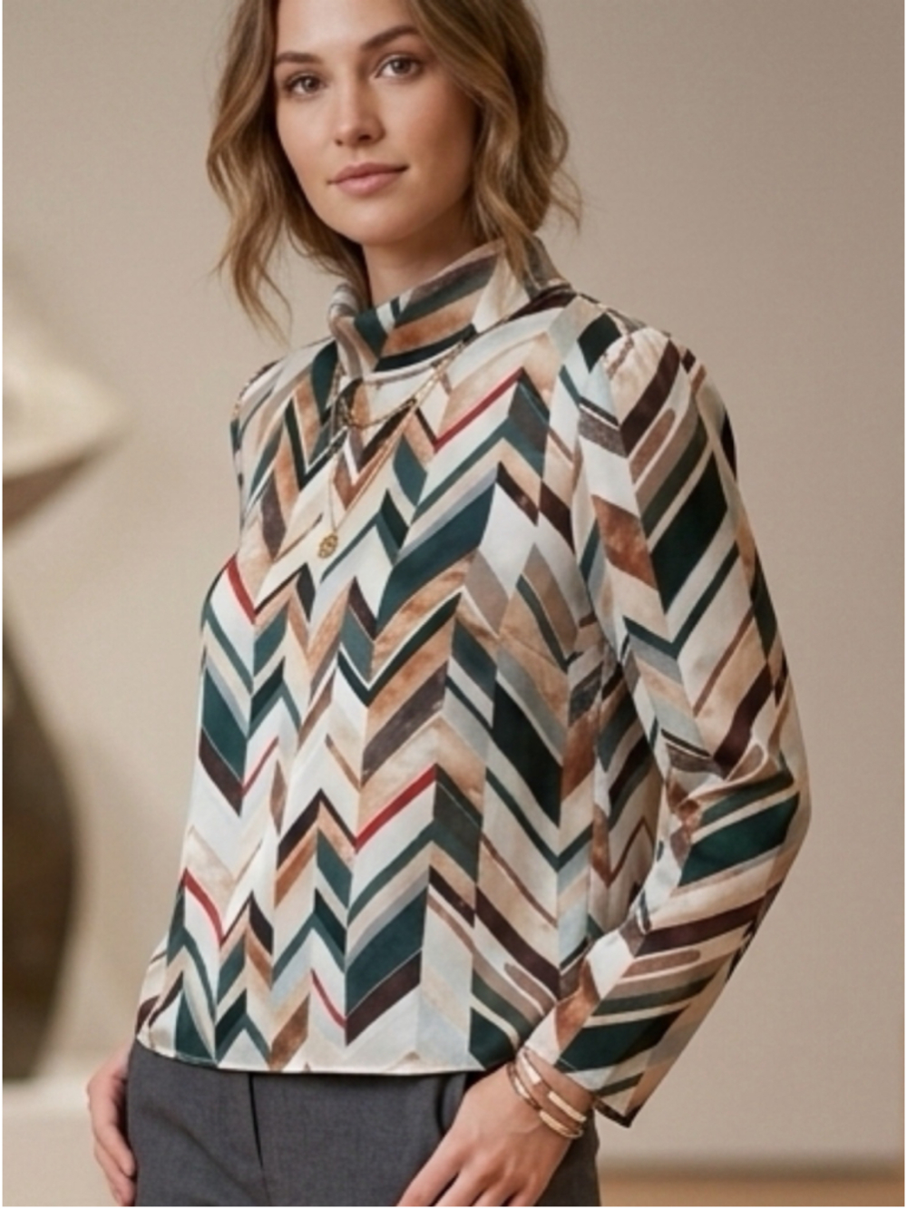 Babaton Aritzia Chevron Blouse Mock Neck Geometric Long Sleeve Top size S
2020
